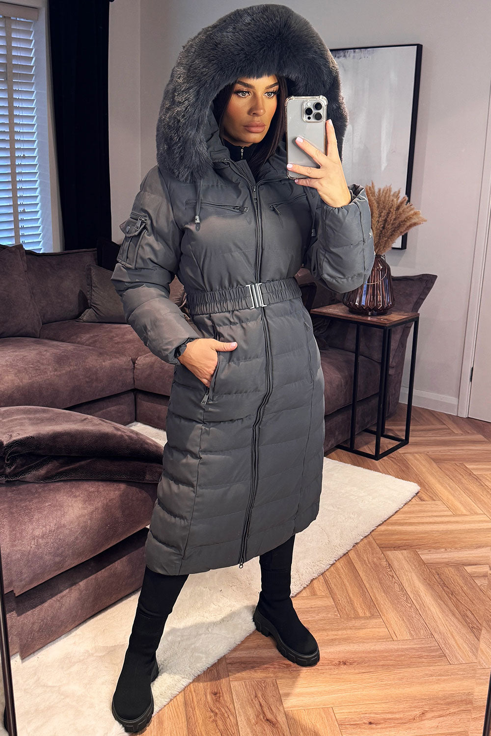 long winter puffer padded coat with belt