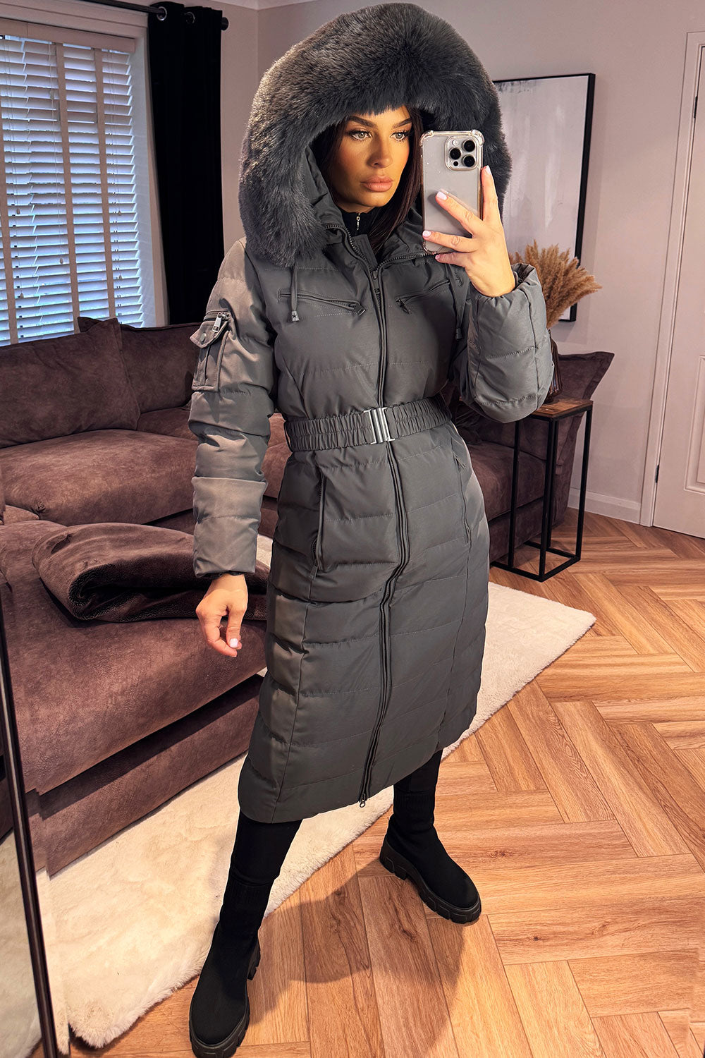 womens long puffer padded coat with faux fur hood and belt