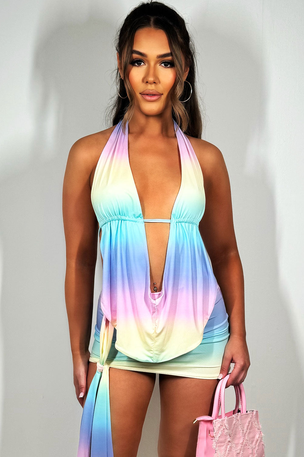 backless cowl halter neck top and mini drape skirt co ord set going out summer festival outfit