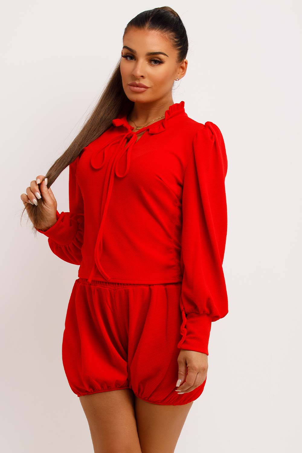 long sleeve frilly blouse and shorts two piece co ord set