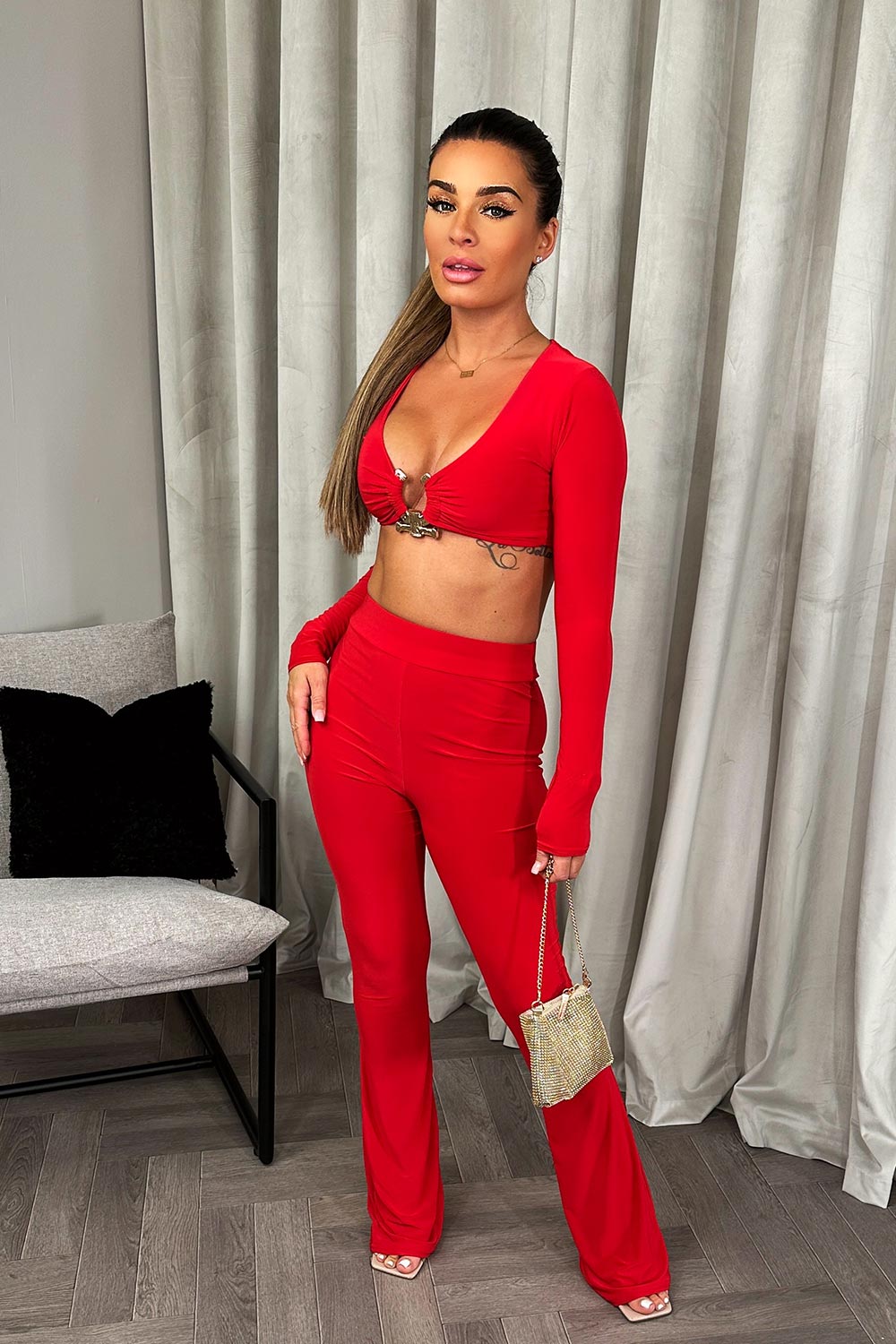 christams party outfit long sleeve top and trousers co ord set with gold buckle