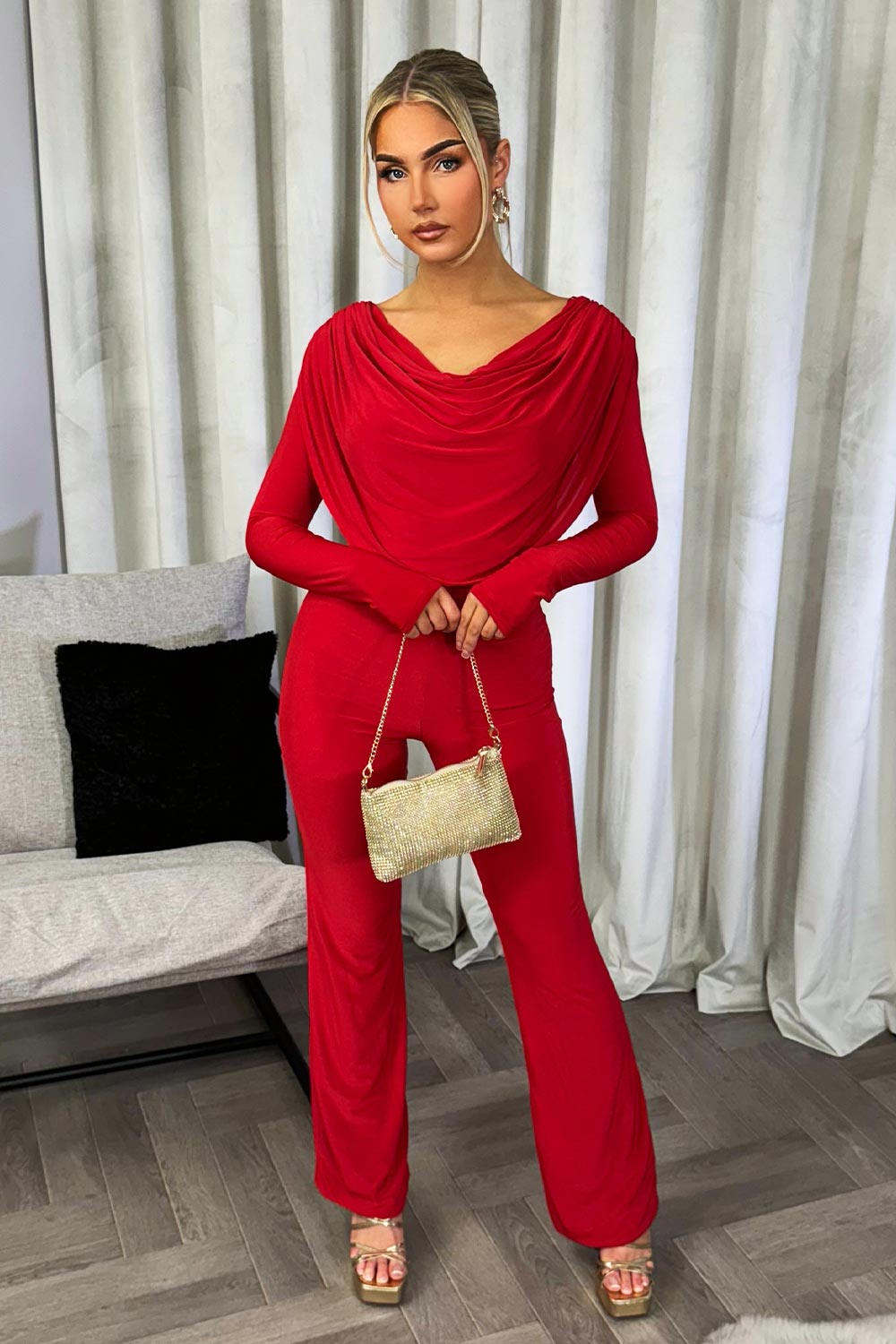 womens long sleeve drape top and straight leg trousers set valentine outfits