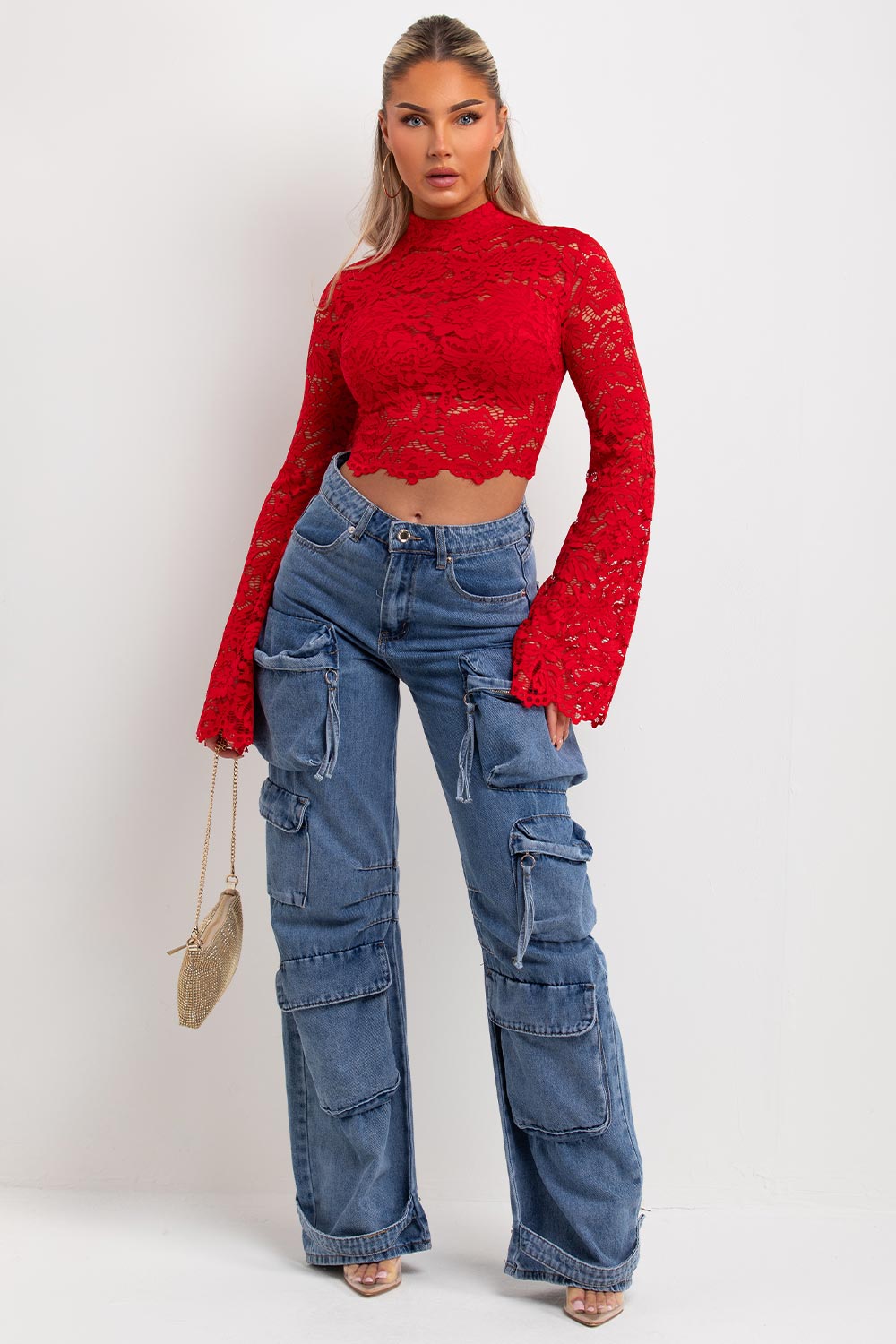 lace flare long sleeve going out top red summer holiday occasion outfit