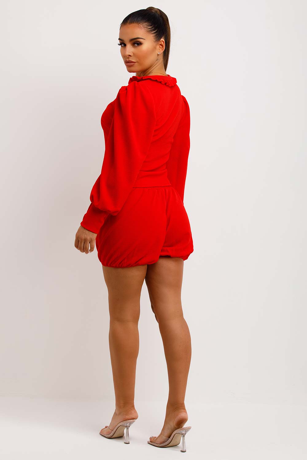 long sleeve frilly blouse and shorts going out set