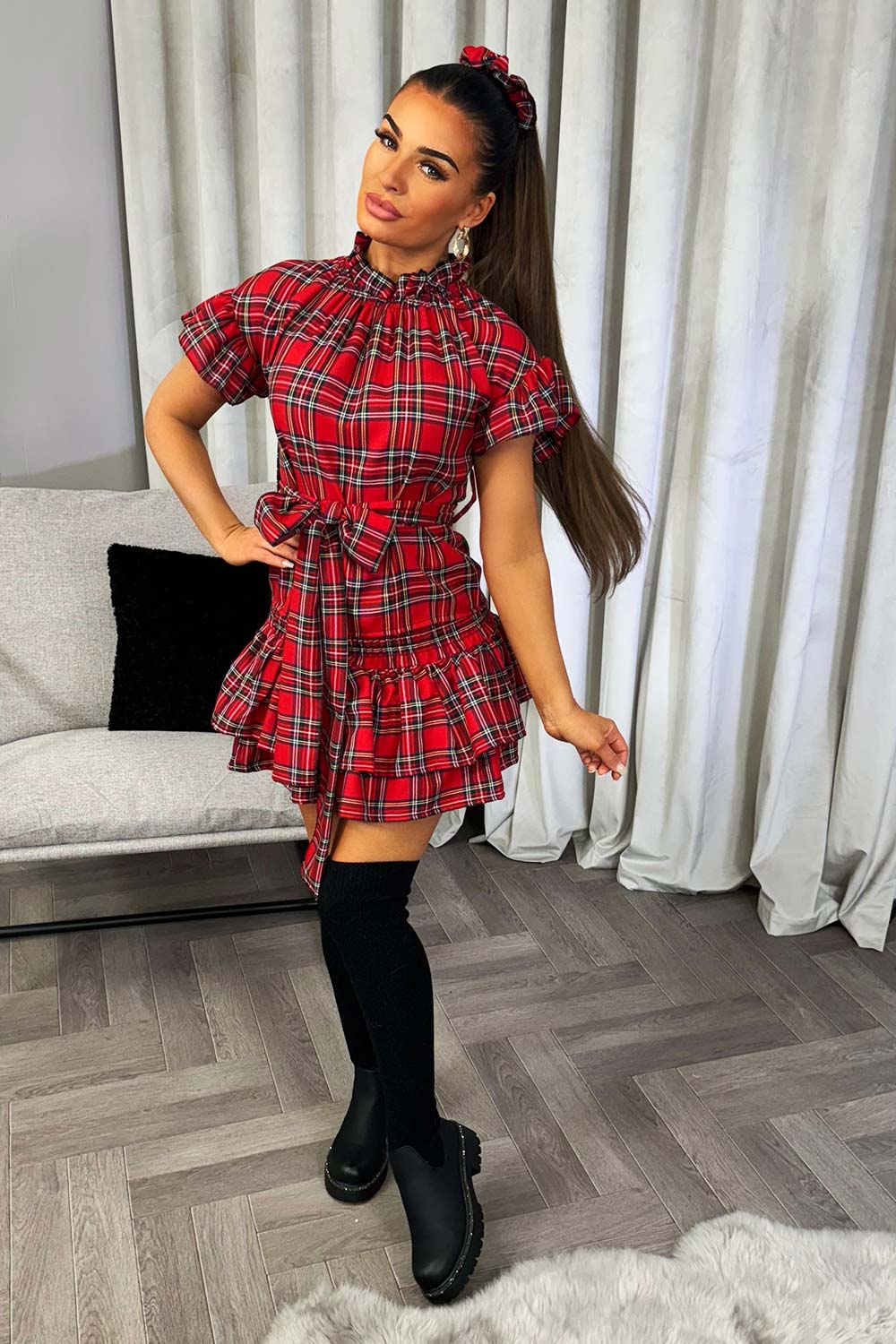 red check frilly top and rara ruffle skirt with scrunchie set christmas party outfit
