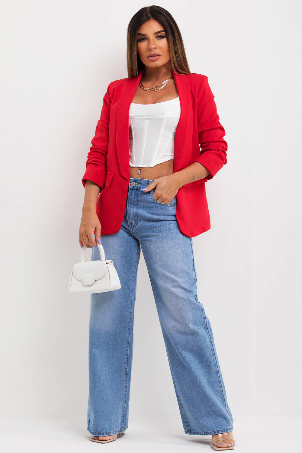 red ruched sleeve blazer jacket