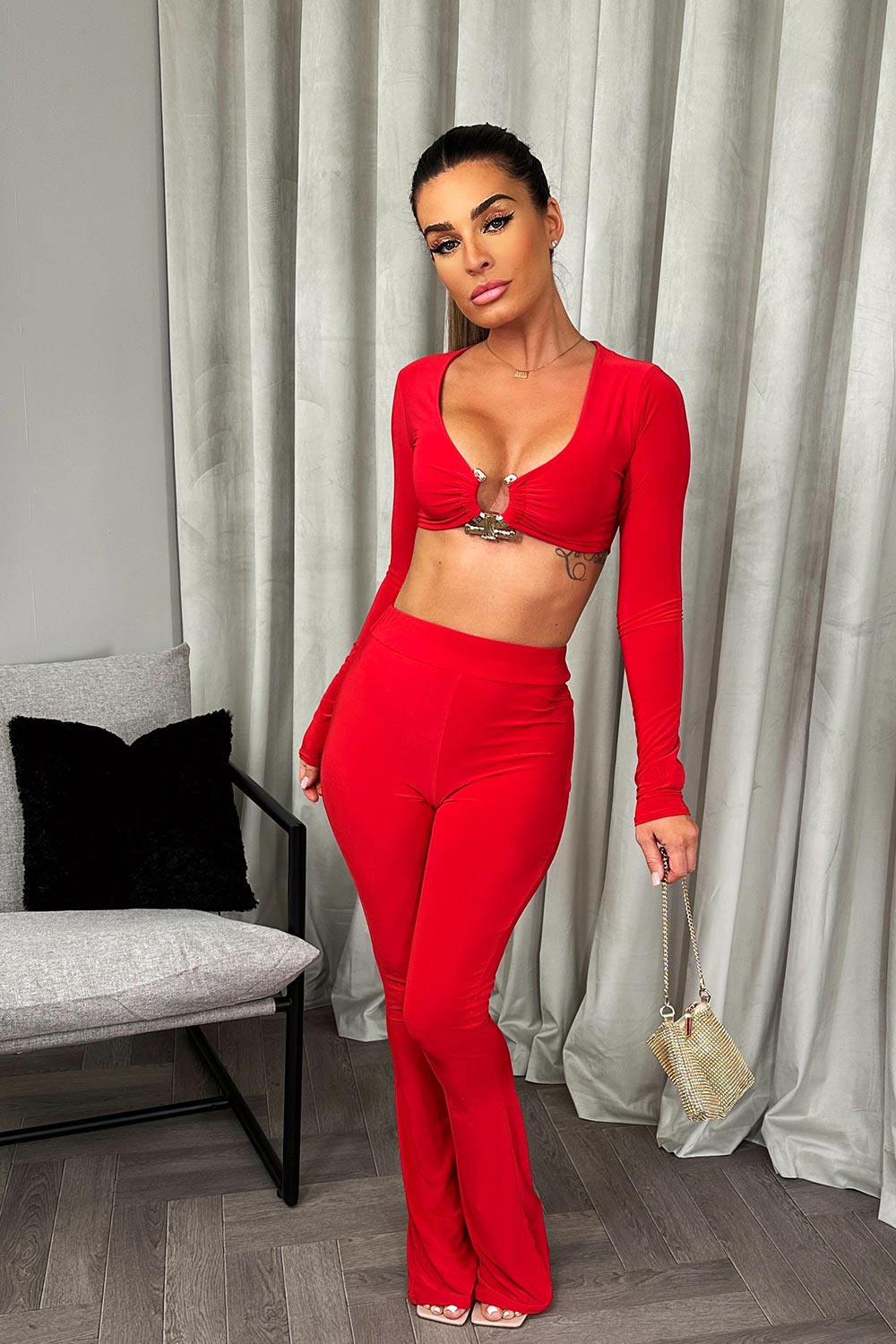 gold buckle long sleeve top and trousers co ord two piece set