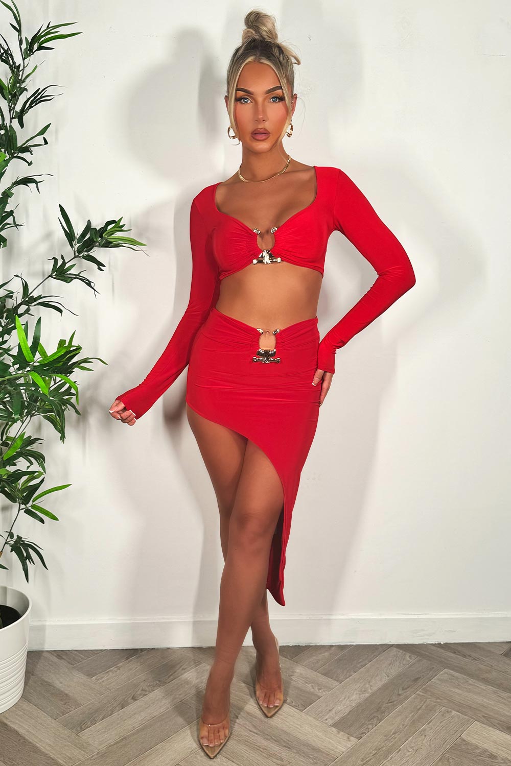 gold buckle side slit maxi skirt and long sleeve crop top co ord summer holiday going out outfit