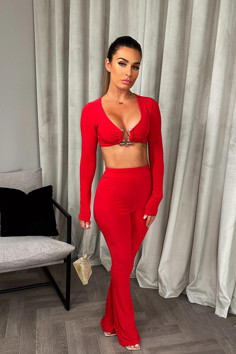 gold buckle long sleeve crop top and trousers co ord set christmas party outfit