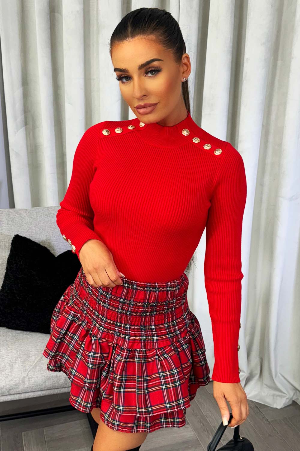 womens gold button rib knitted jumper top christmas outfit