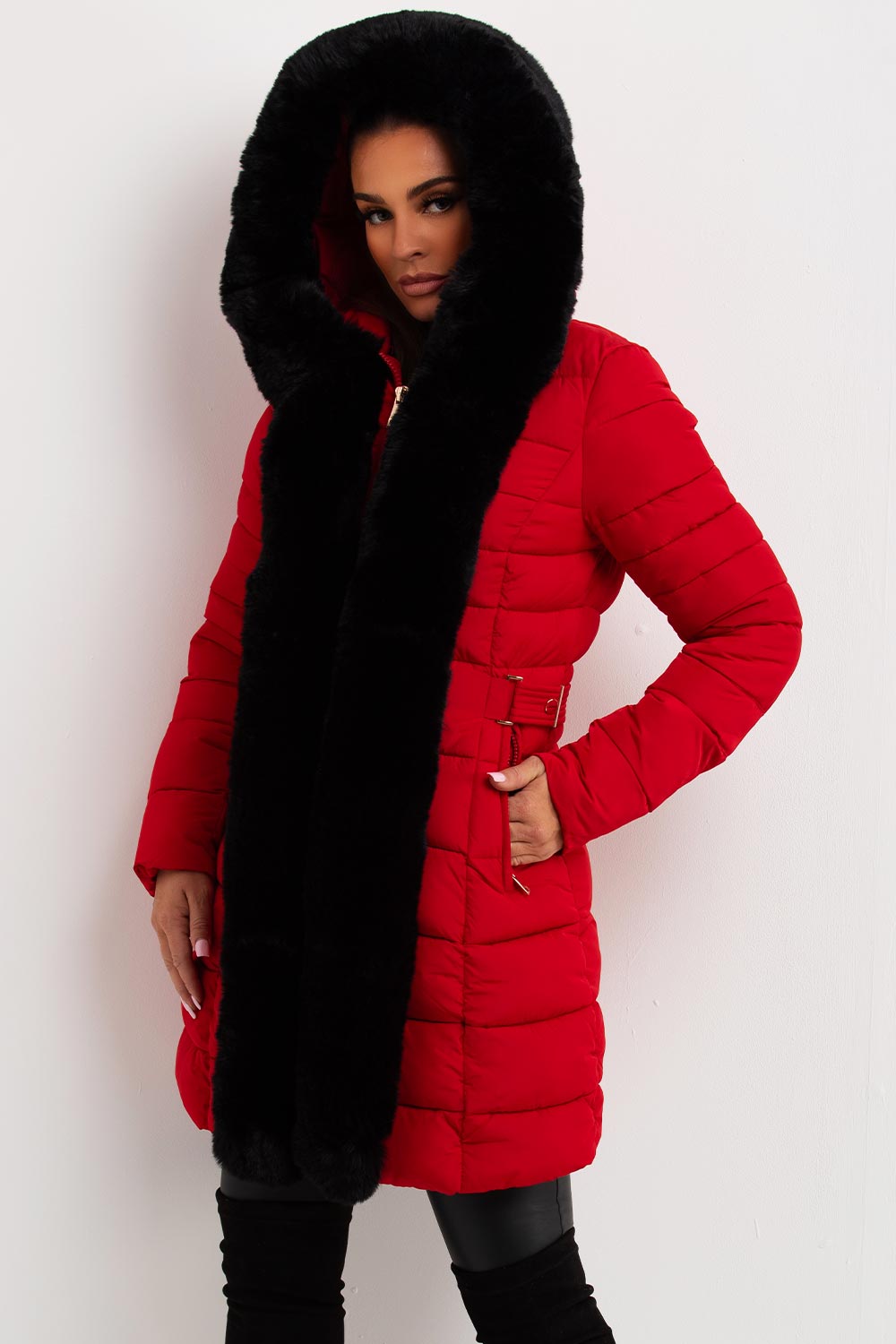 womens puffer padded coat with faux fur hood and trim
