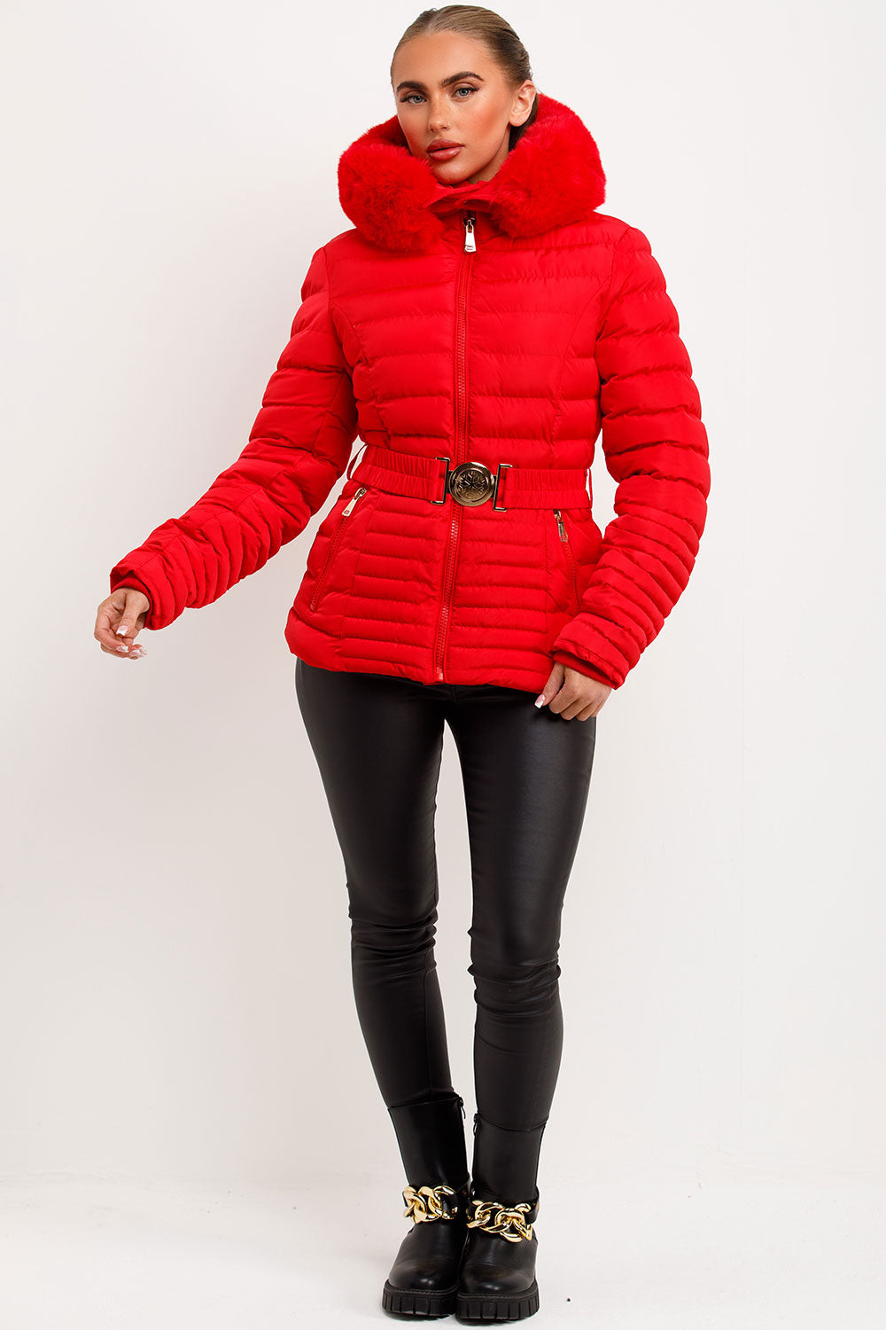 faux fur hood red puffer coat womens styledup