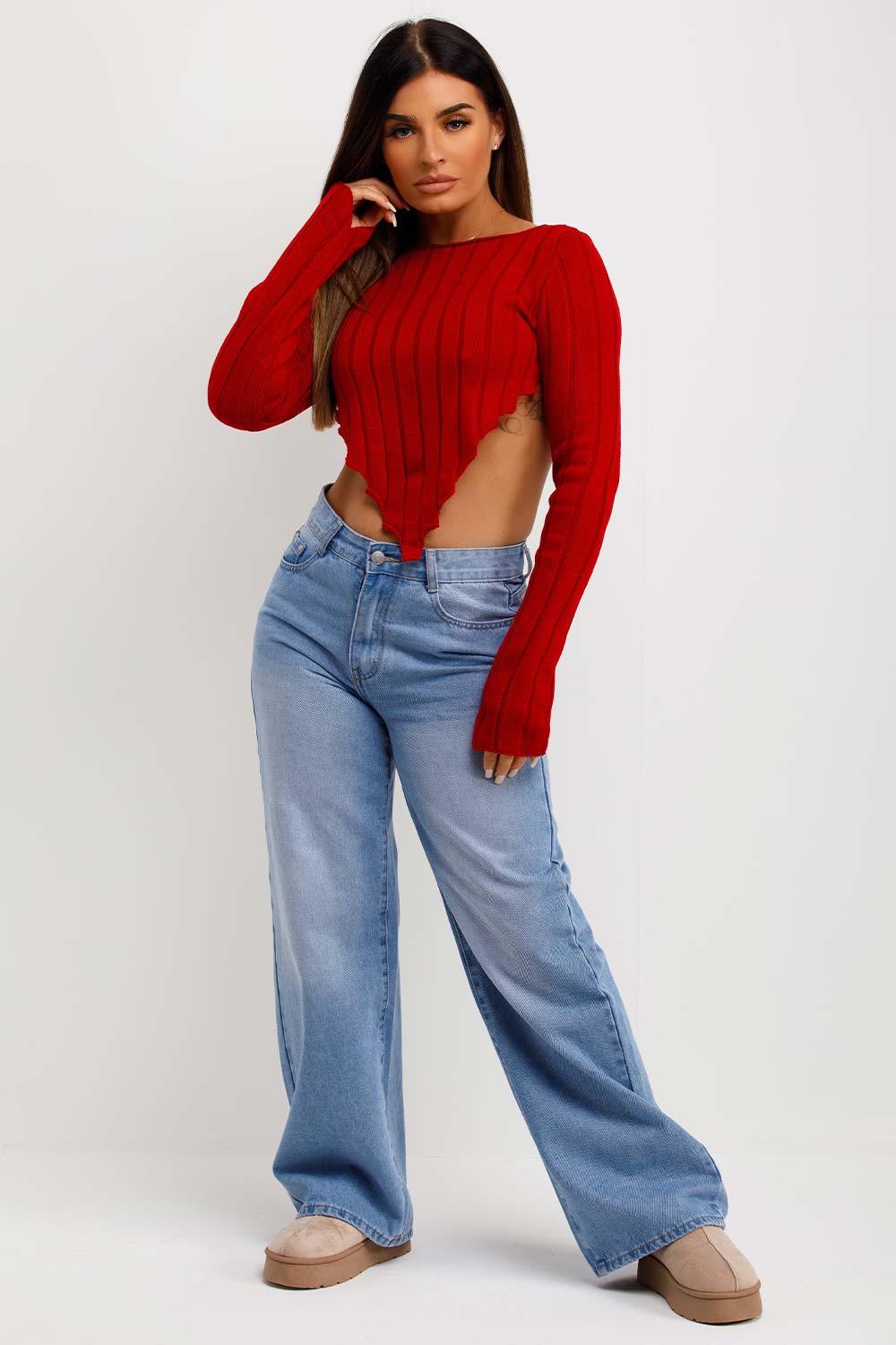 long sleeve dip hem crop knitted jumper top