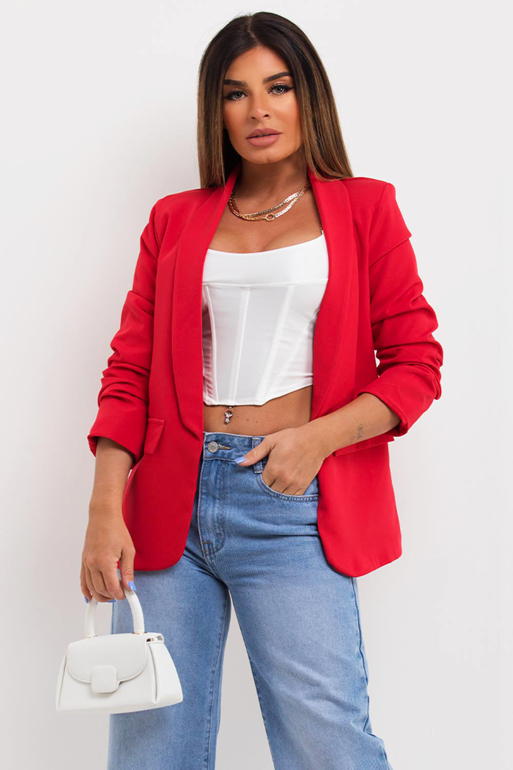 womens ruched sleeve blazer jacket