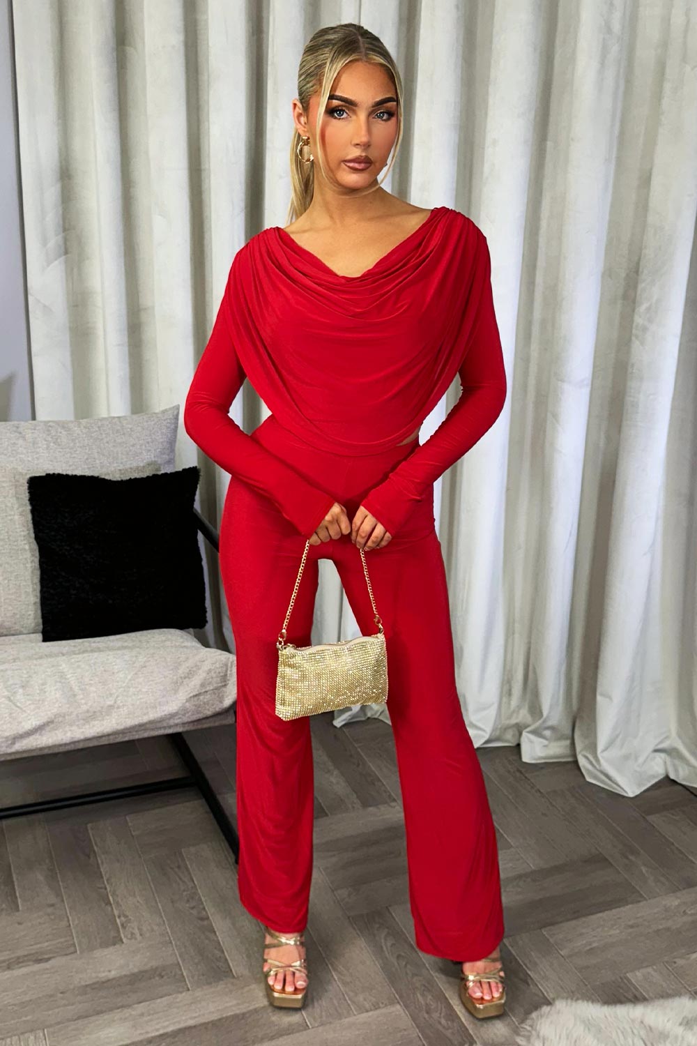 womens long sleeve drape top and trousers two piece matching going out party night out set valentine outfits
