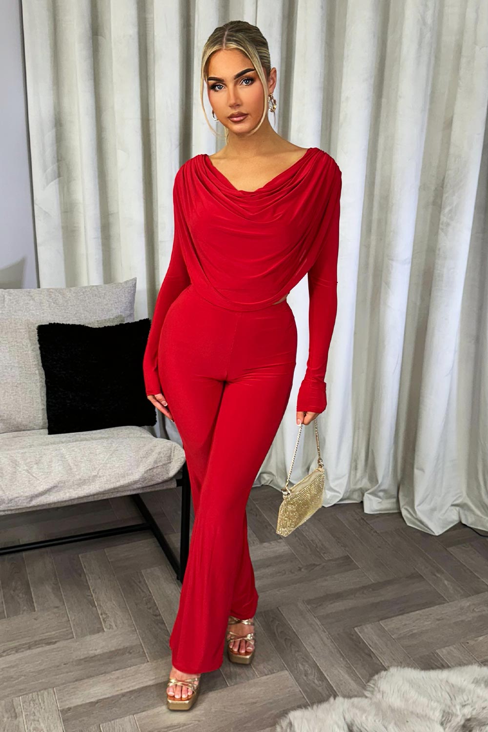 womens drape top and straight leg trousers two piece going out set valentine outfits