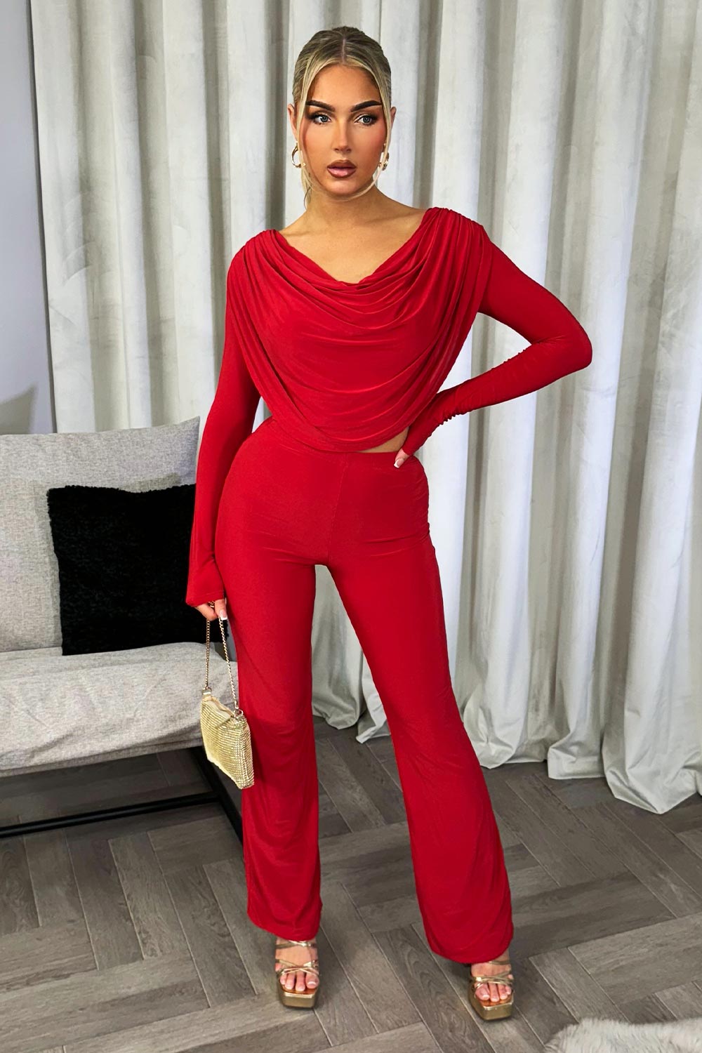 drape top and straight leg trousers two piece set valentine outfits