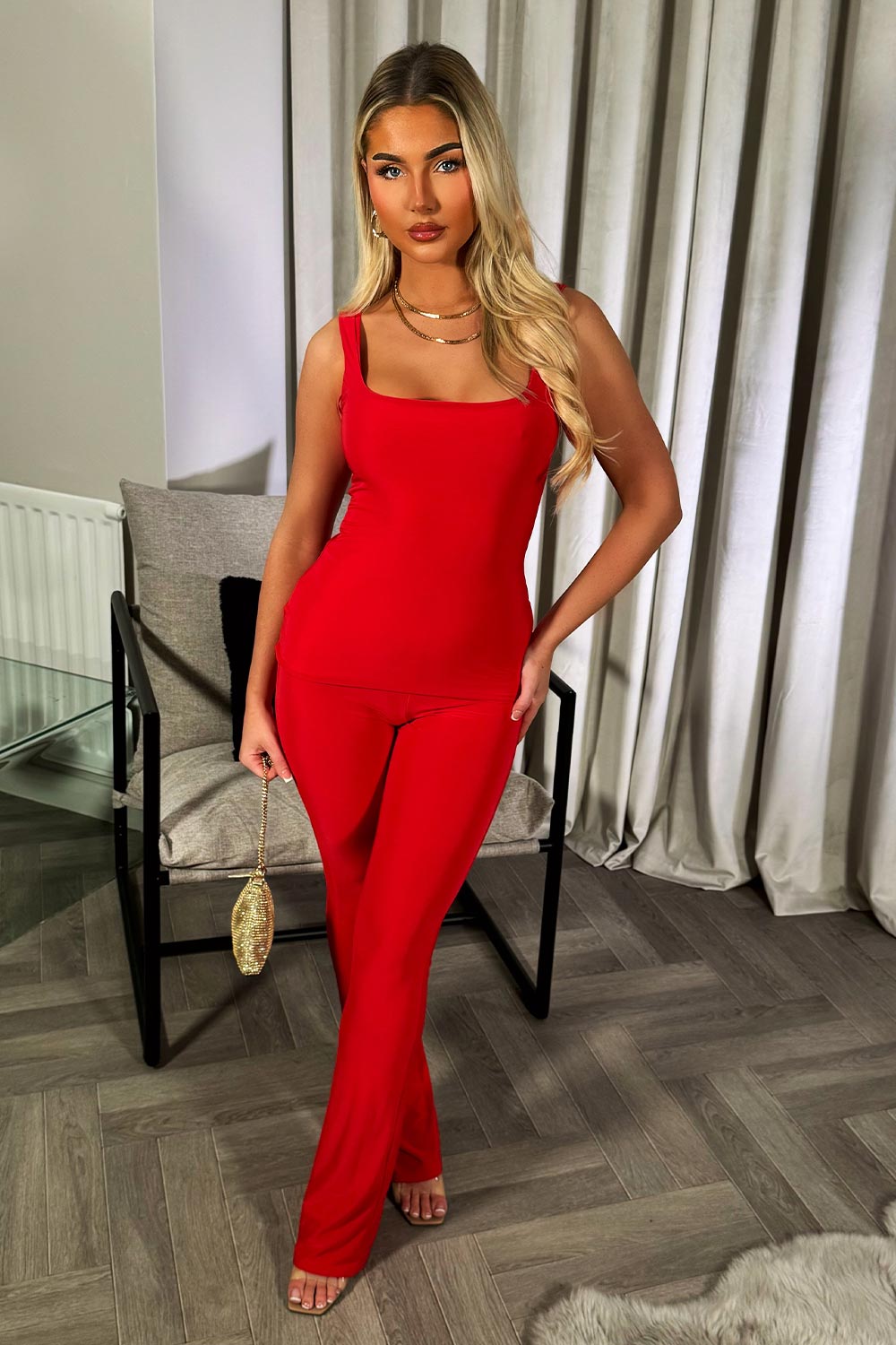 womens flared trousers and top set red