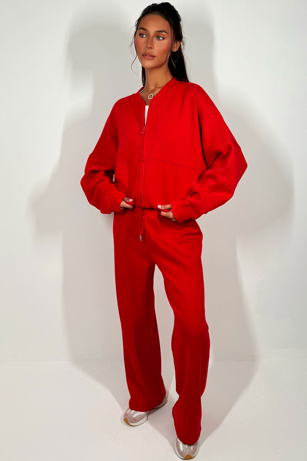 red bomber jacket with zip and straight leg joggers tracksuit set womens