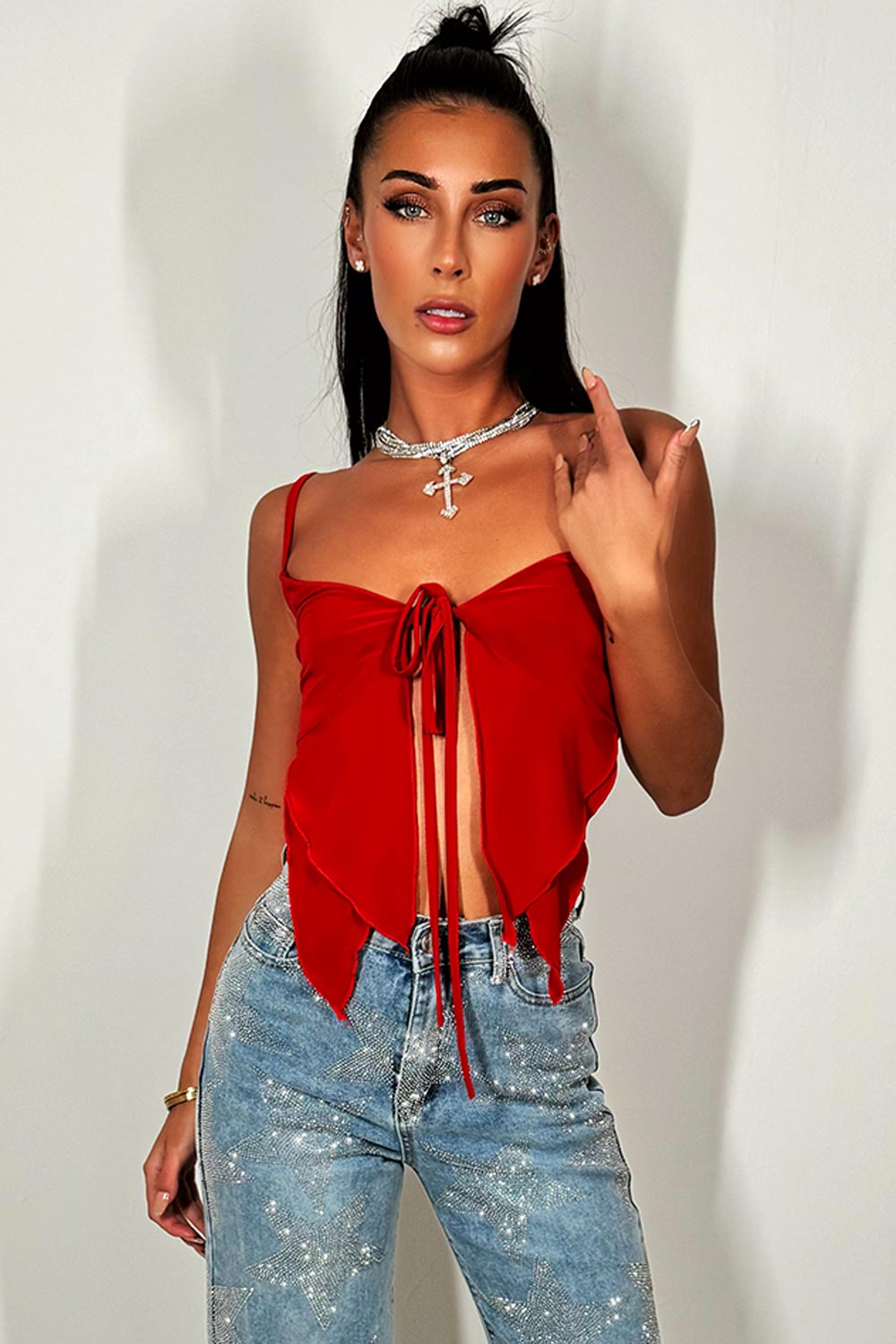 slinky tie up front bralette top going out festival holiday outfit