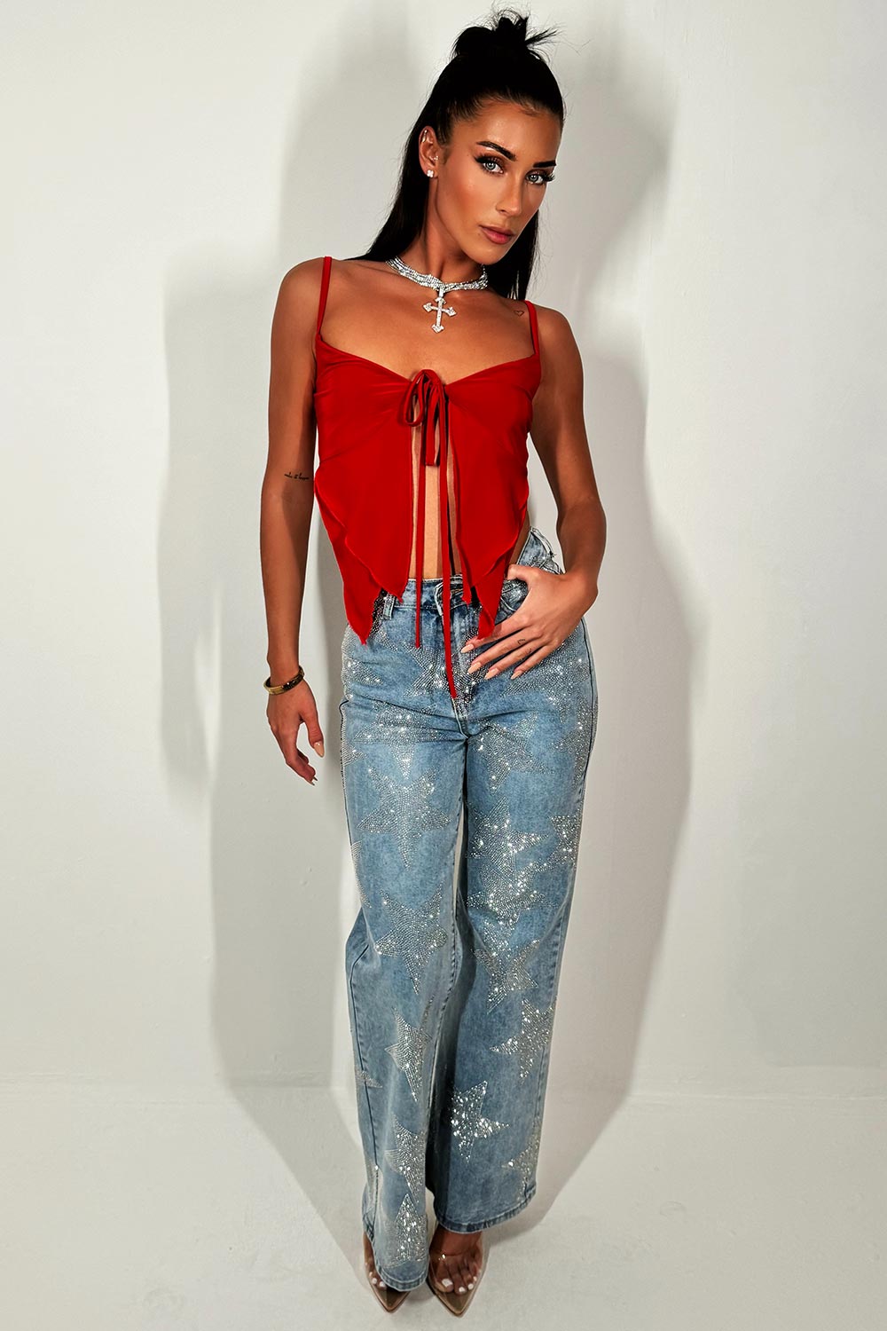 red tie up front crop top going out festival holiday bralette
