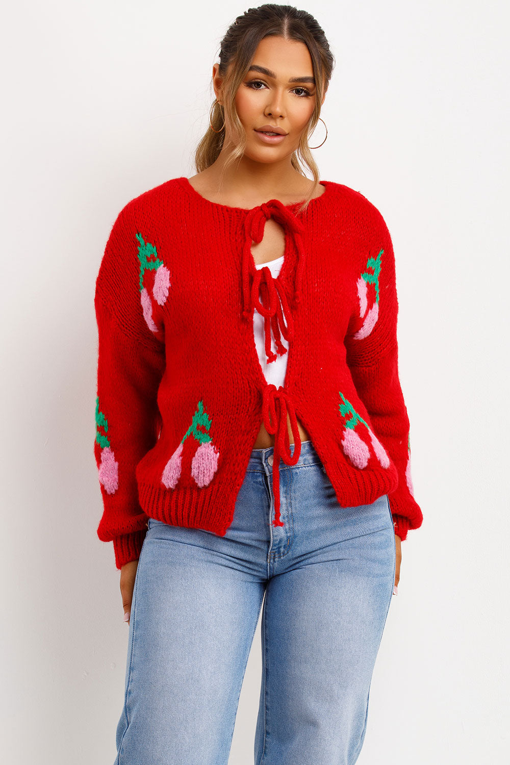 red tie knot front cherry knitted cardigan womens styledup