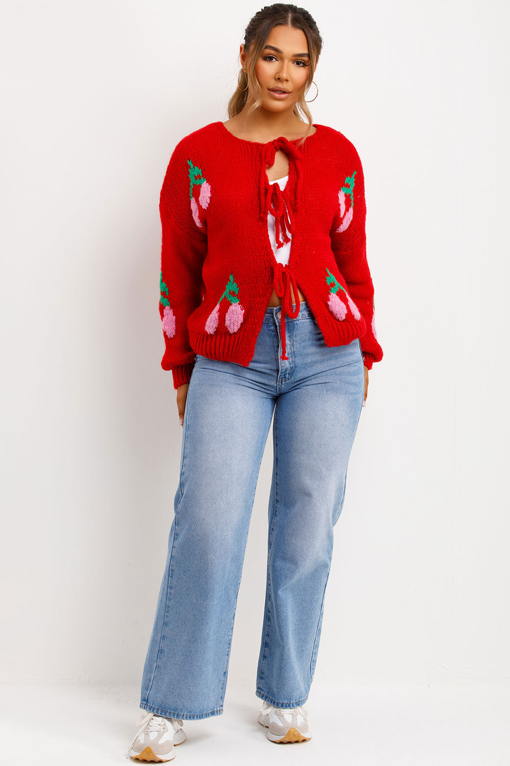 tie knot front cherry knitted cardigan womens