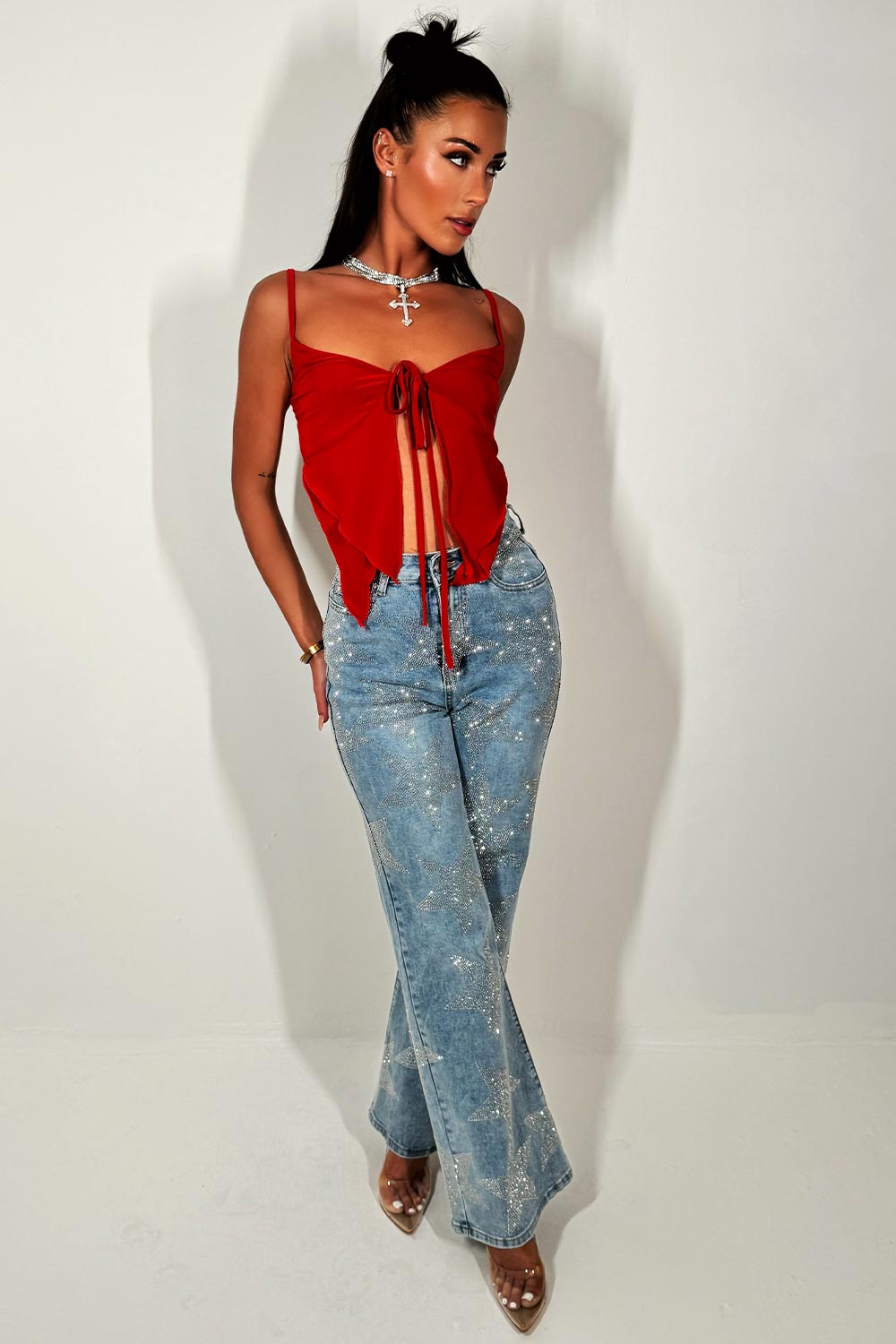 red tie up front frilly bralette top going out festival holiday outfit