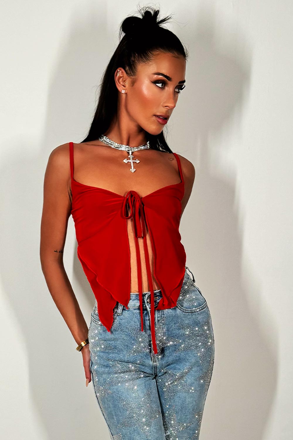 red tie front crop top festival bralette