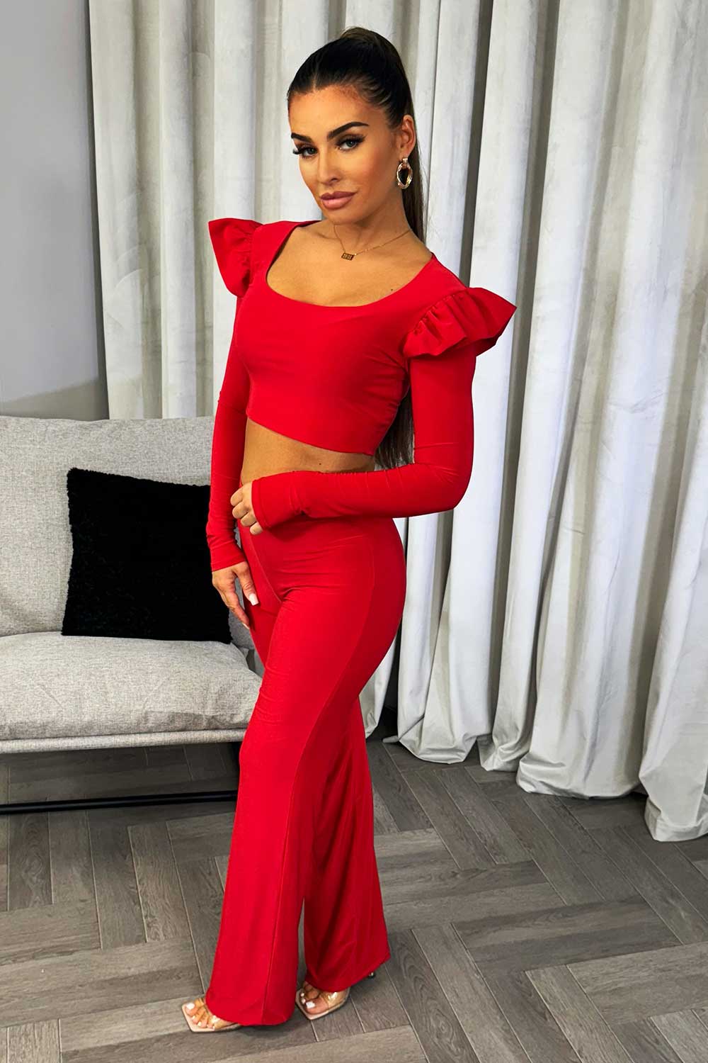 going out christmas party outfit trousers and long sleeve crop top co ord