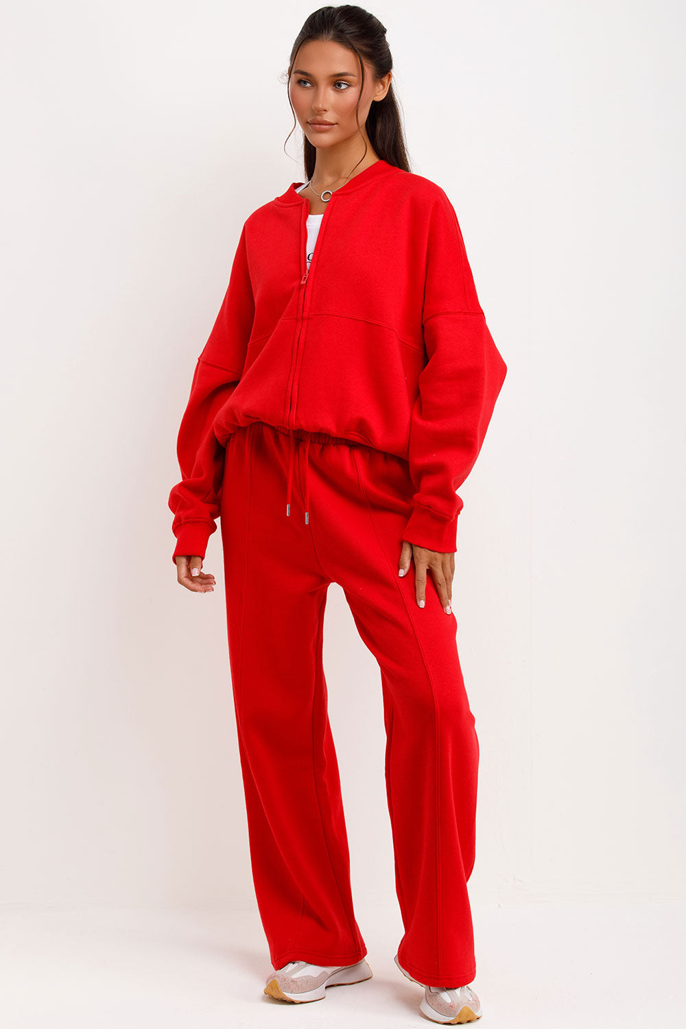 womens bomber sweatshirt with zip and straight leg joggers tracksuit set loungewear co ord