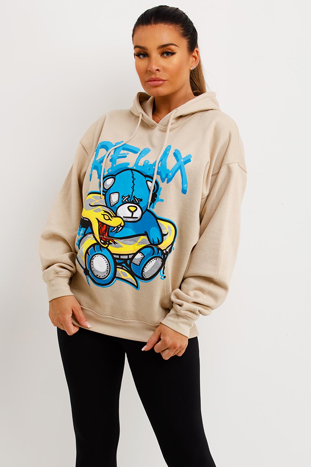 womens oversized hooded sweatshirt with teddy bear print