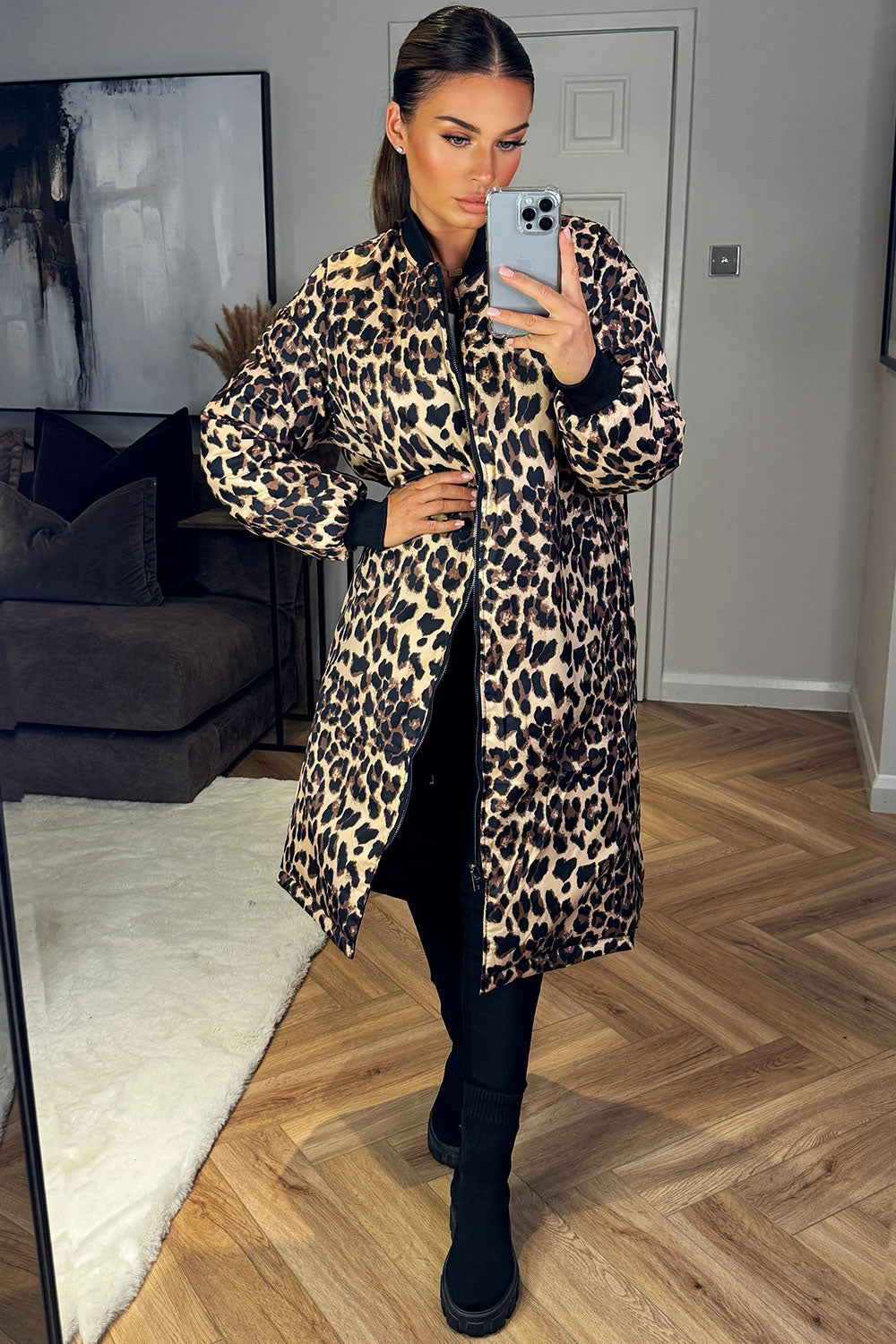 womens leopard print long parka coat styledup