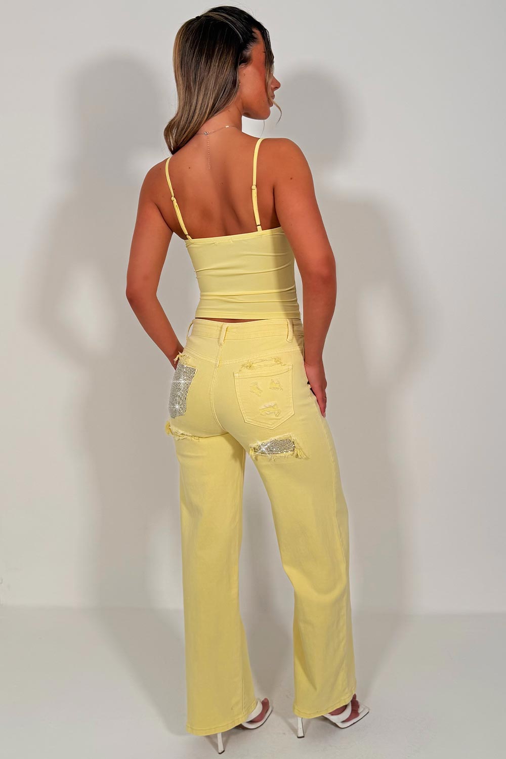 diamante rhinestone sparkly wide leg jeans for womens zara uk sale