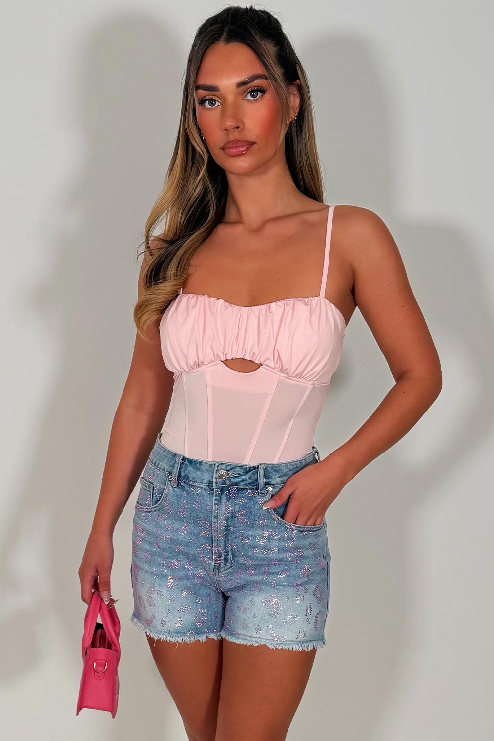 diamante rhinestone sparkly denim blue shorts womens uk