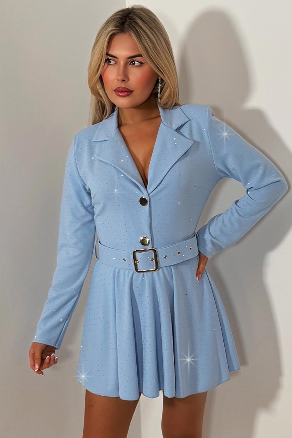 long sleeve blazer playsuit with diamante rhinestones going out festival outfit sky blue styledup uk
