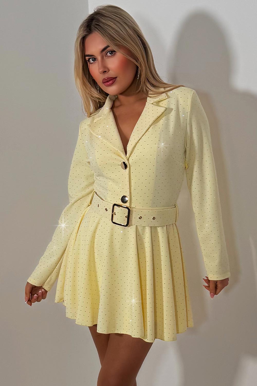 long sleeve blazer playsuit with diamante rhinestones going out festival outfit yellow styledup uk