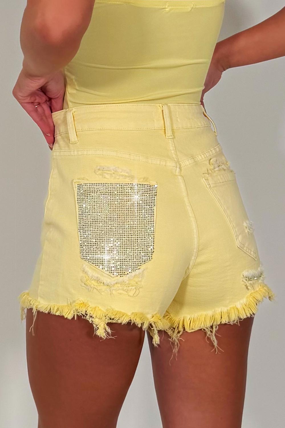 women's denim yellow shorts with diamante rhinestones contrast pocket styledup