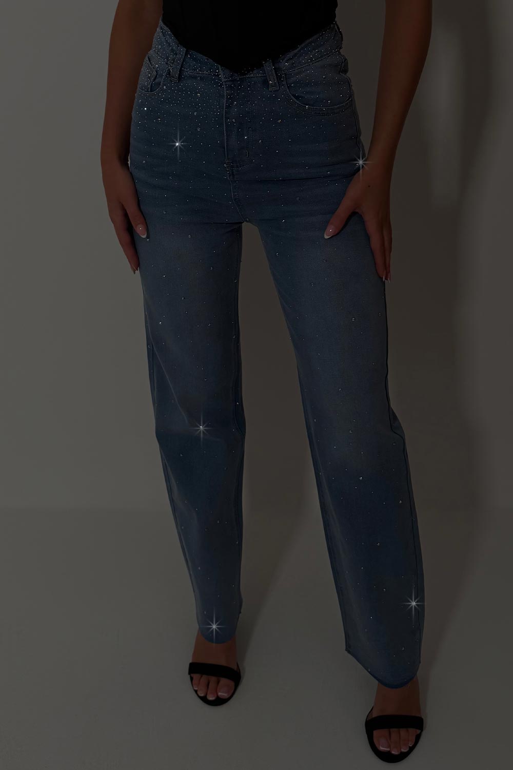 diamante rhinestone high waisted jeans denim blue womens