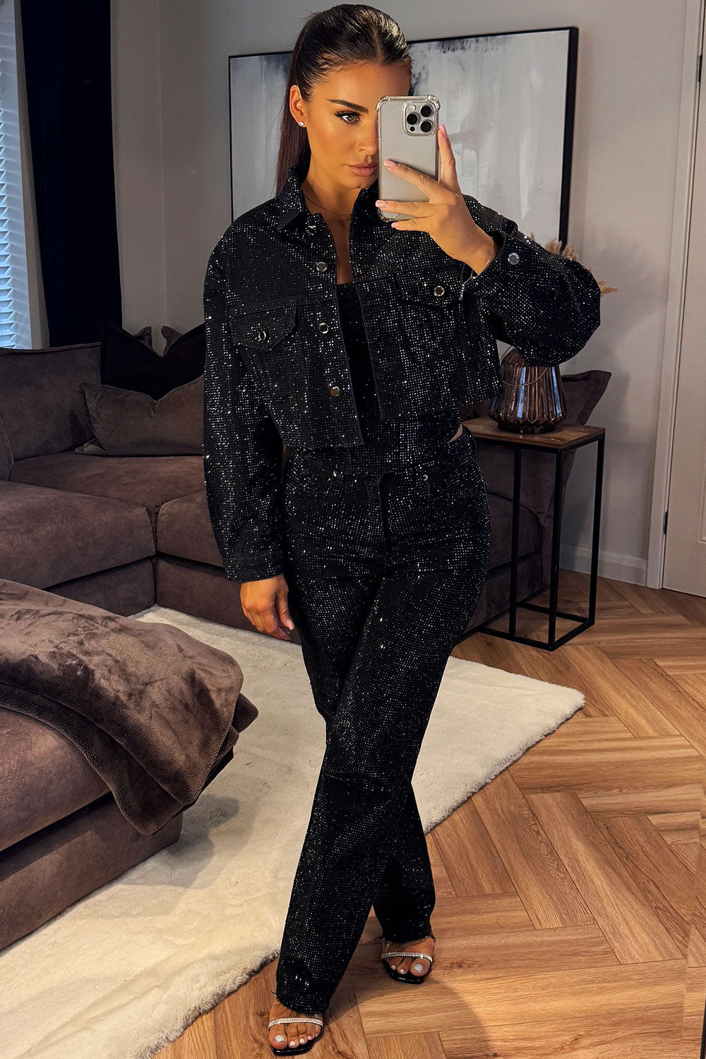 rhinestone diamante crop denim jacket black