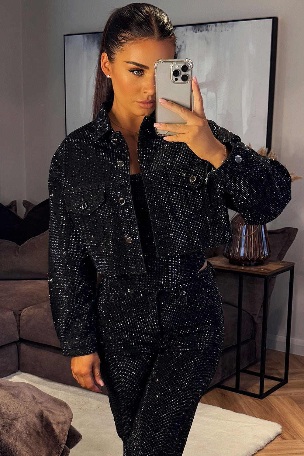rhinestone diamante crop denim jacket black