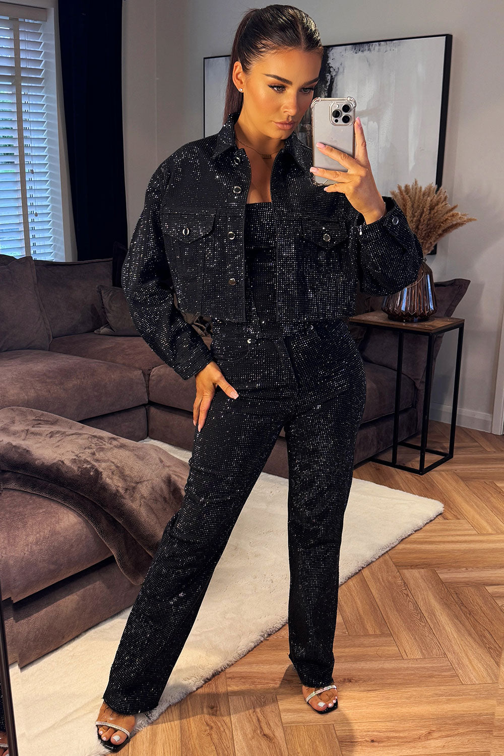 diamante rhinestone crop denim jacket black
