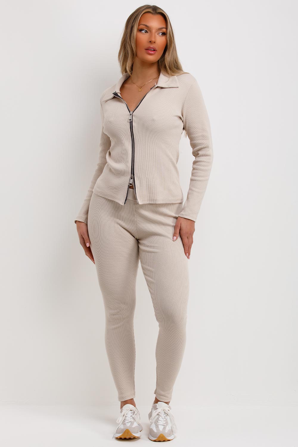 rib loungewear set beige