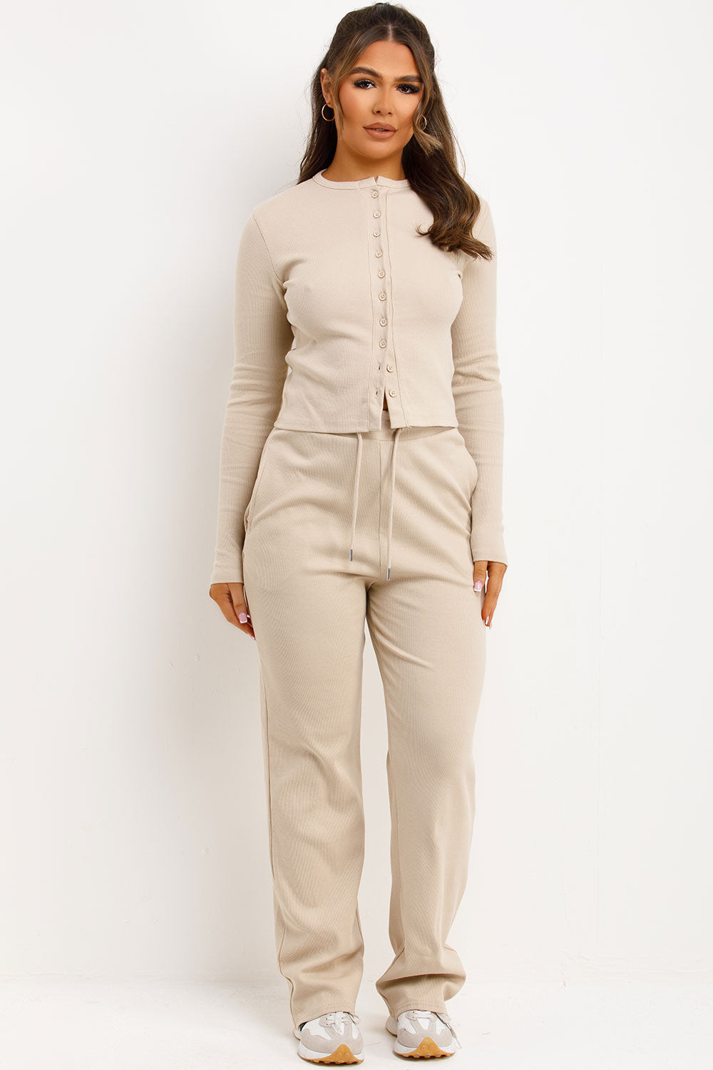 molly mae ribbed top and trousers co ord set oatmeal