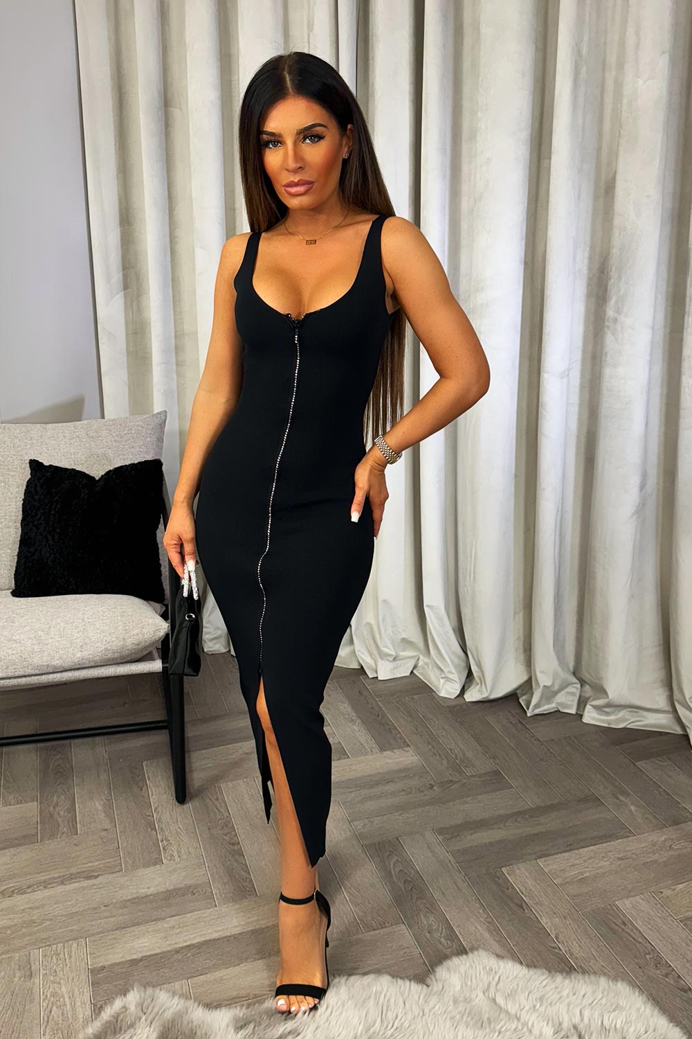 womens black dress with diamante zip going out christmas outfit