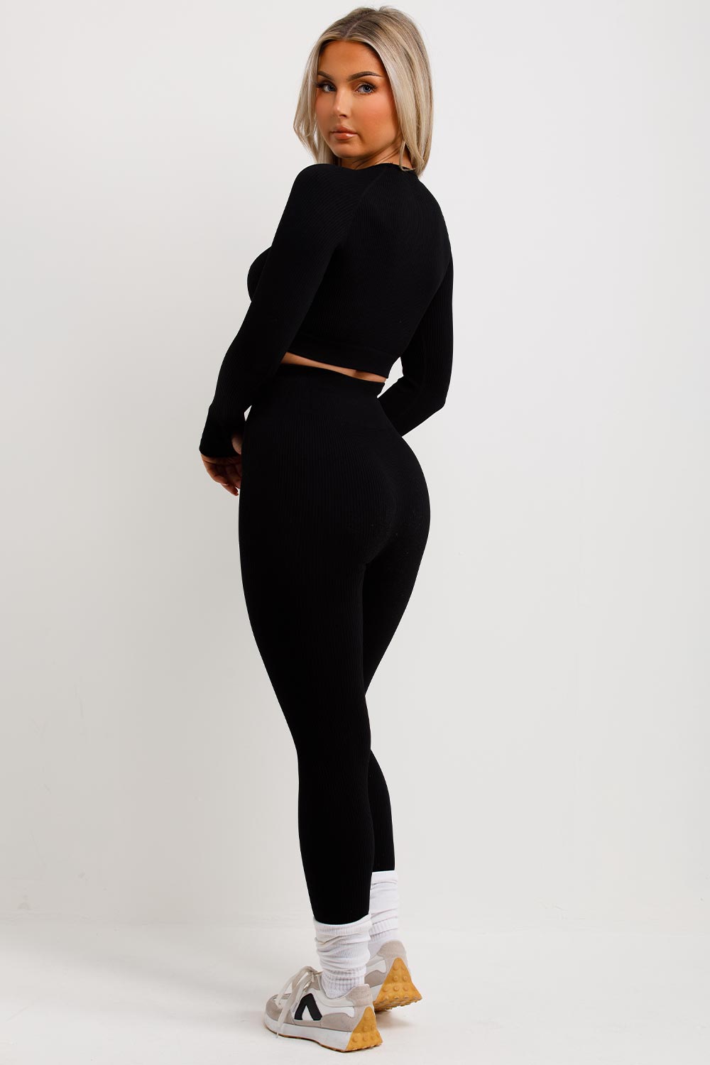 rib leggings and top set gym wear womens