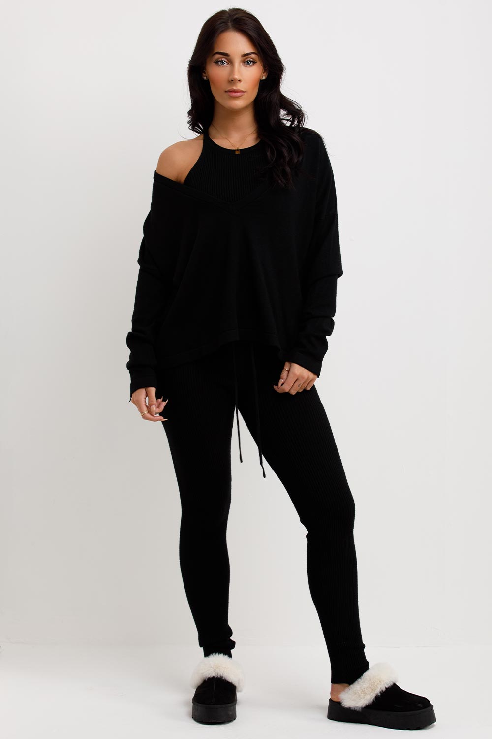 womens three piece knitted lounge set black