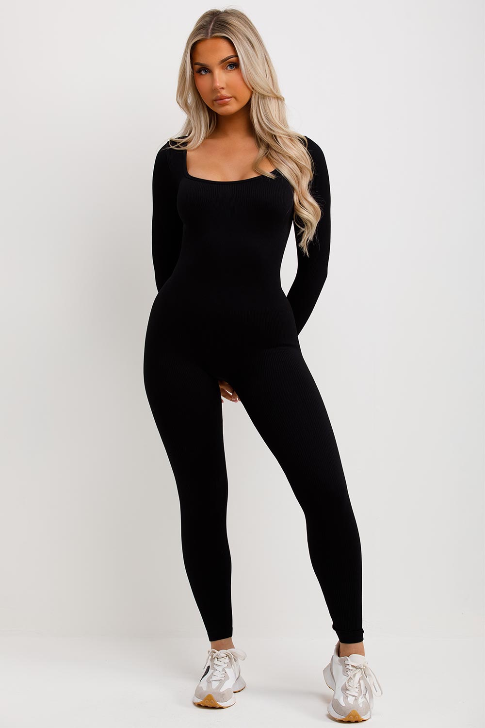 womens black long sleeve contour rib jumpsuit
