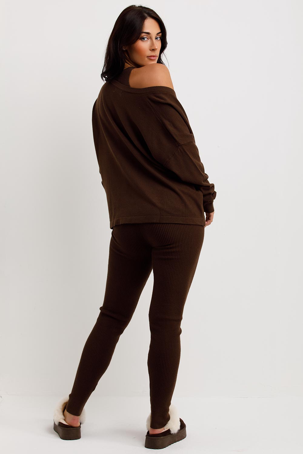 womens three piece lounge set brown