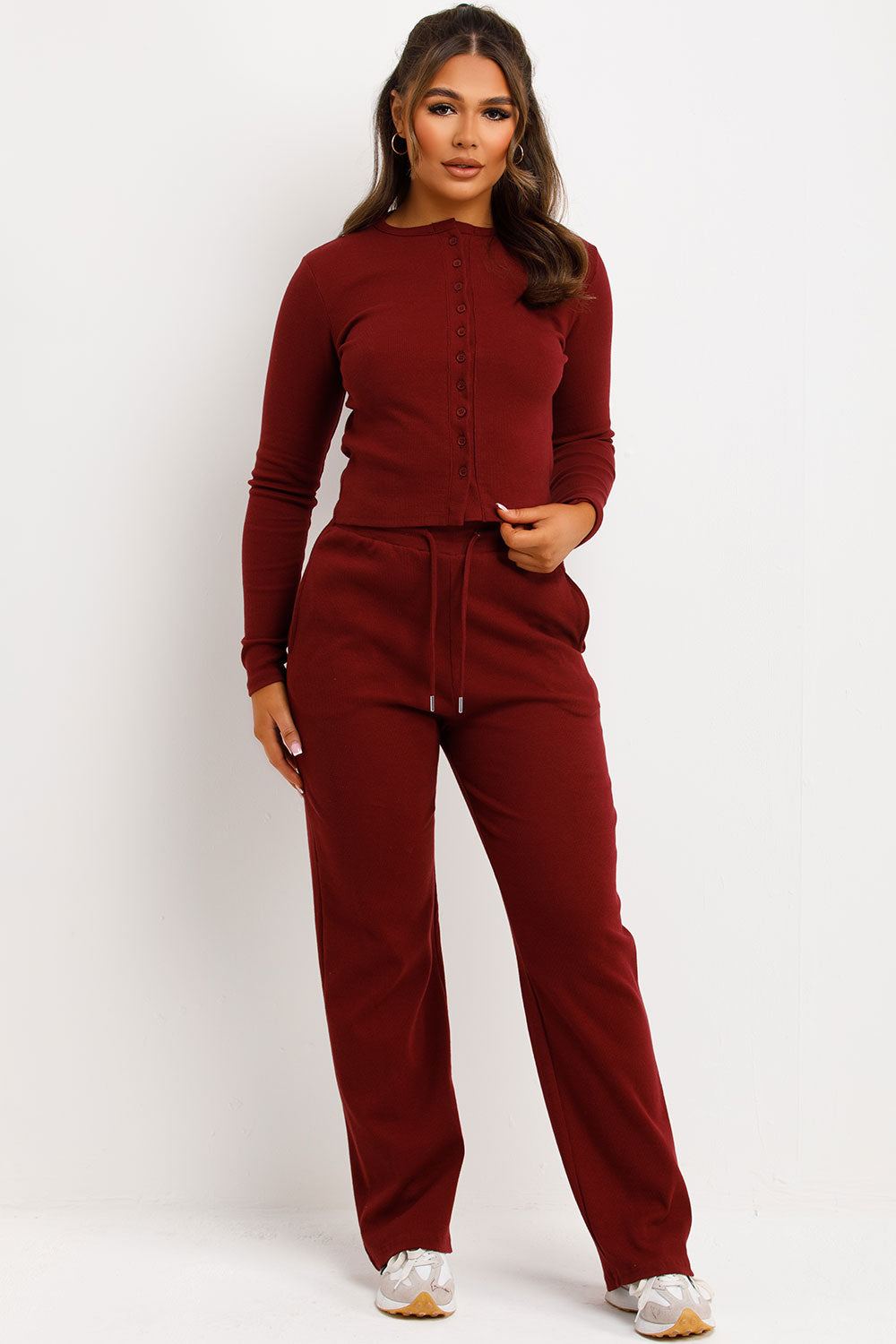molly mae button up top and trousers loungewear set burgundy